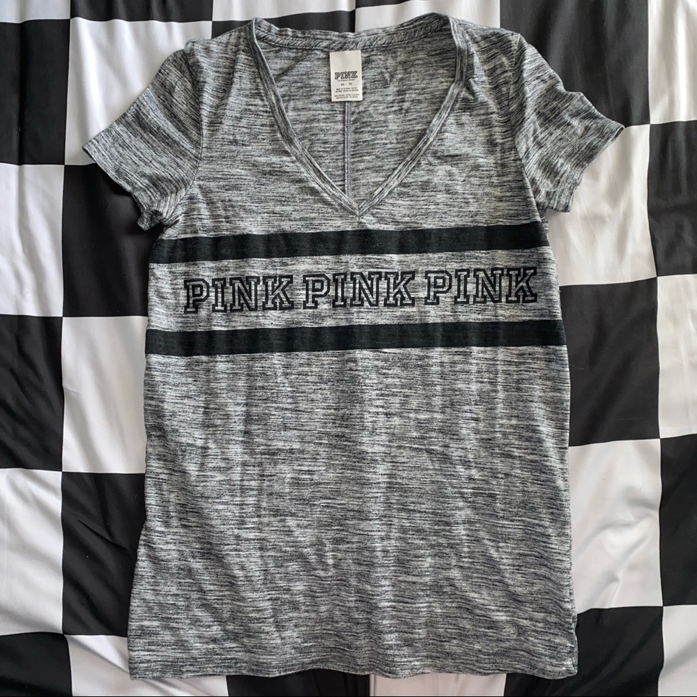 VS PINK. V-neck t-shirt.  Grey w/ black.  XS